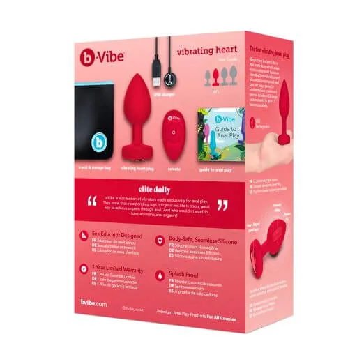 B-Vibe Vibrating Heart-Shaped Jewel Plug M/L Red | 6 Vibration Levels & Rechargeable