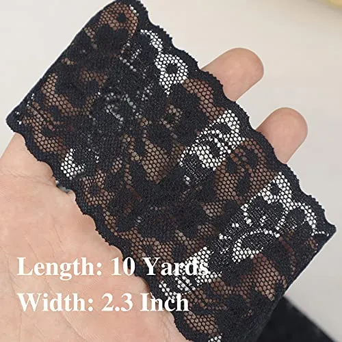 Black Elastic Lace Ribbon, Floral Stretch Lace Trim, Sewing Lace for Crafts Decorating, Wide 2.3Inch 10Yards (Style B, Black)