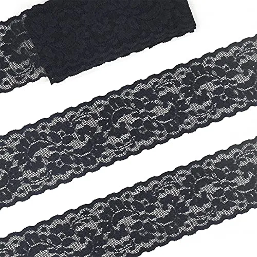 Black Elastic Lace Ribbon, Floral Stretch Lace Trim, Sewing Lace for Crafts Decorating, Wide 2.3Inch 10Yards (Style B, Black)