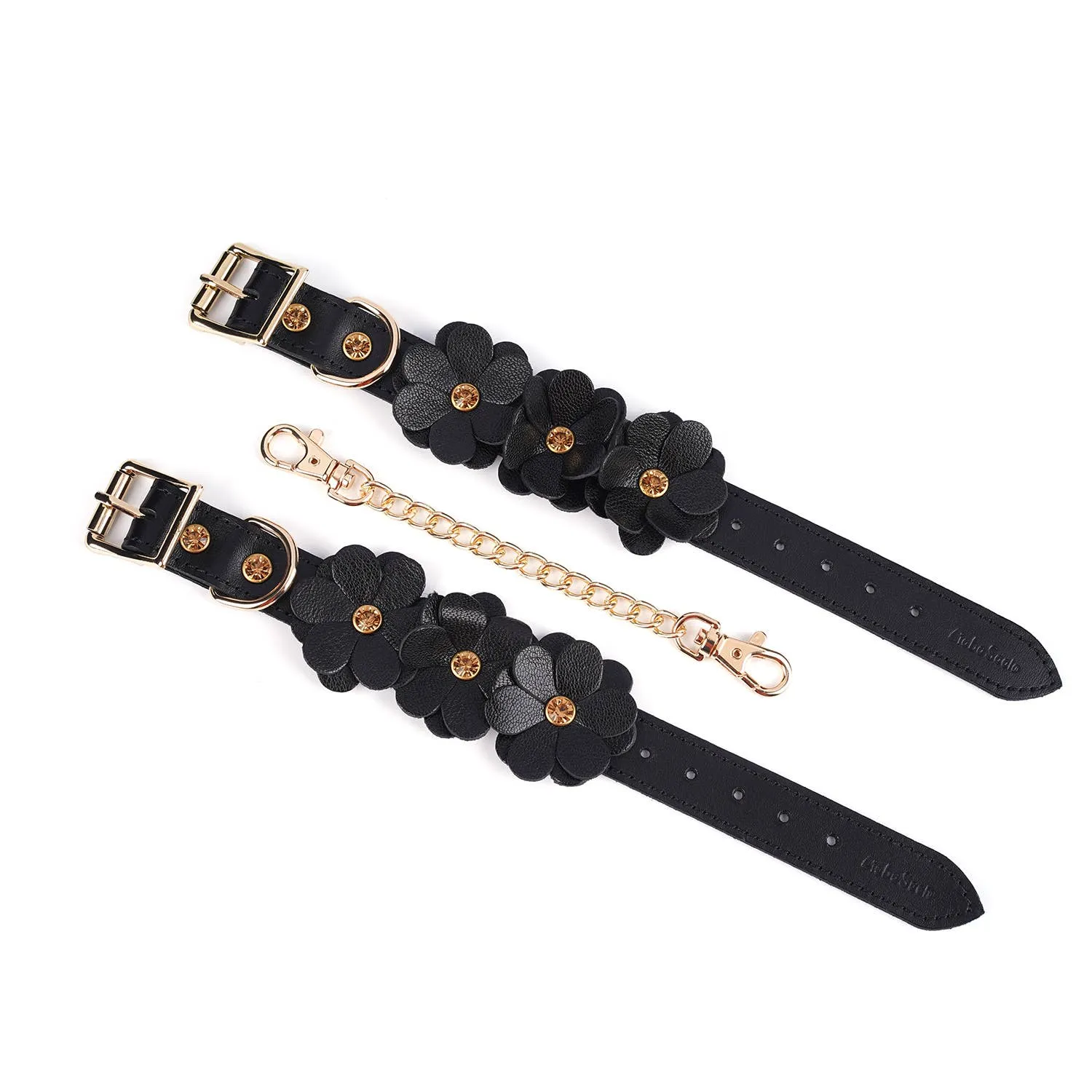 Black Leather Flowers Hand Cuffs