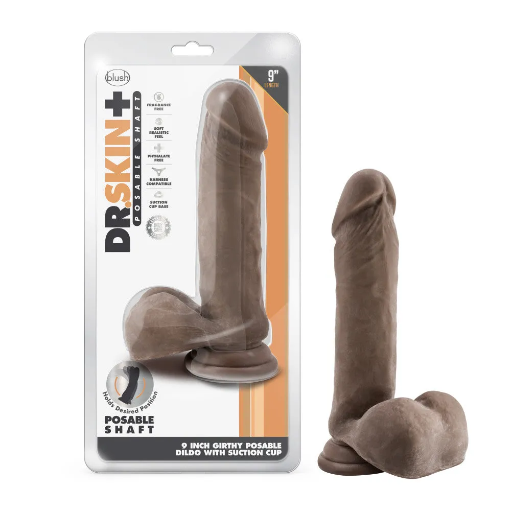 Dr. Skin Plus By Blush® | Realistic Chocolate 9-Inch Long Soft Yet Erect & Posable Dildo With Balls & Suction Cup Base