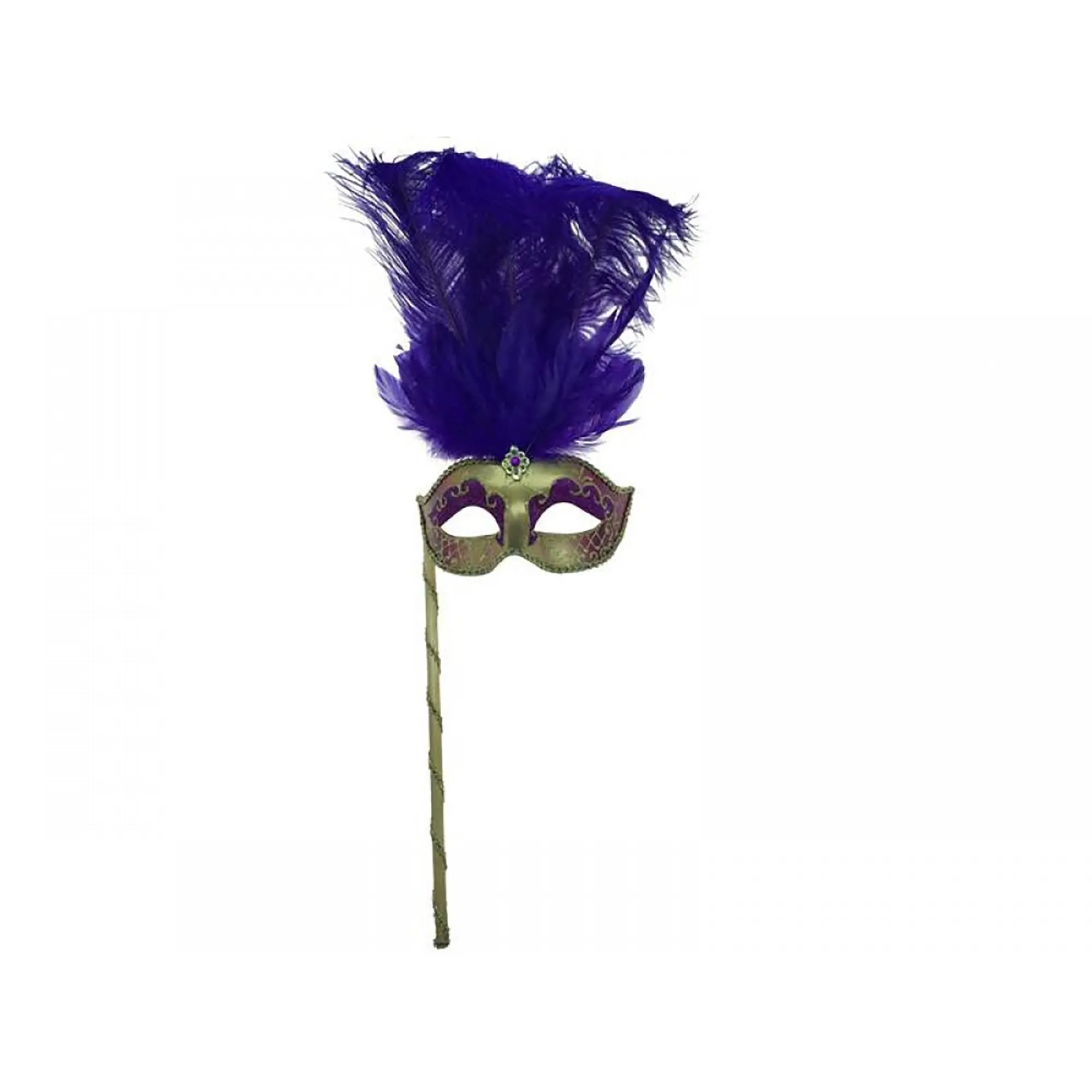 Gold and Purple Venetian Mask with Ostrich Feathers and Stick, 1 Count