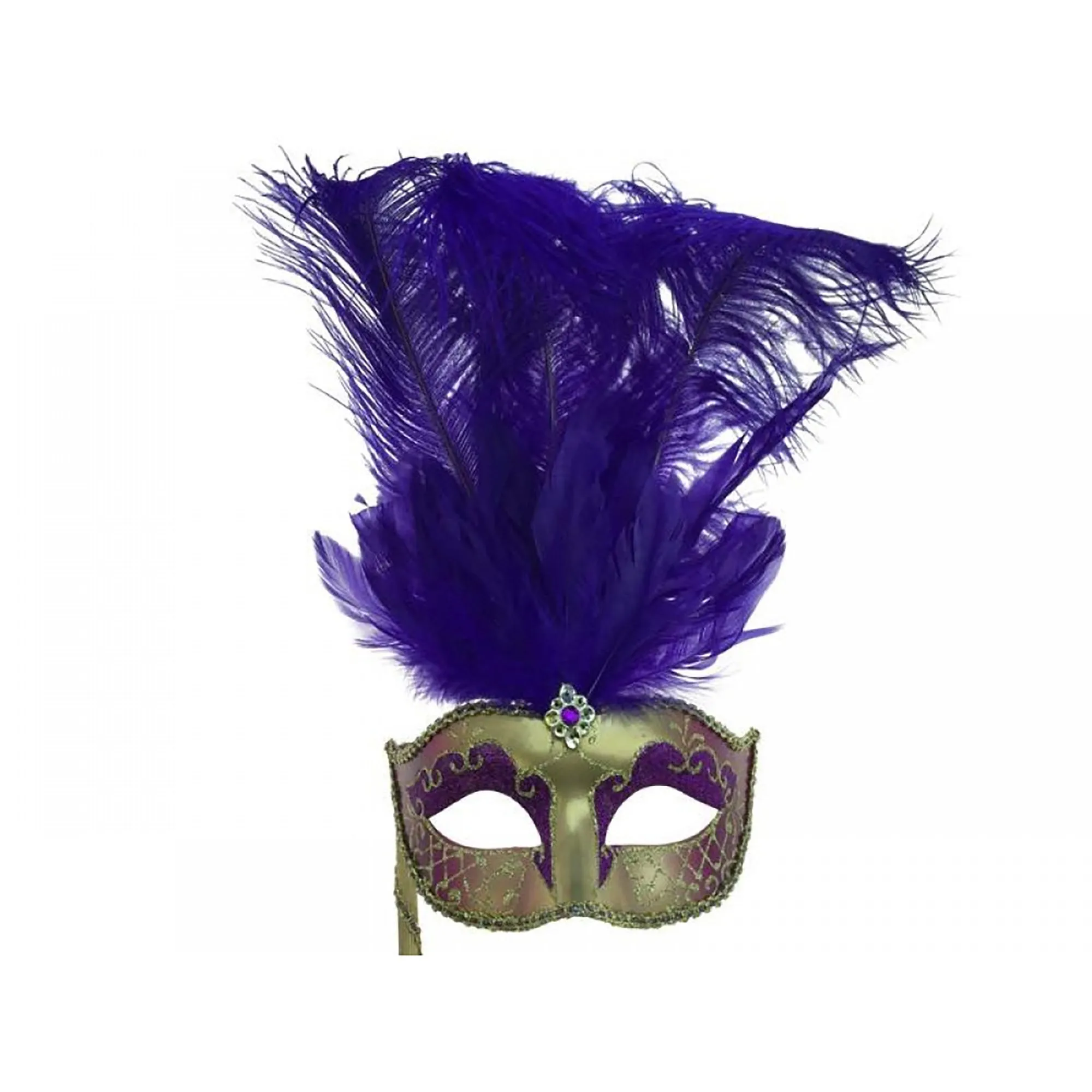 Gold and Purple Venetian Mask with Ostrich Feathers and Stick, 1 Count