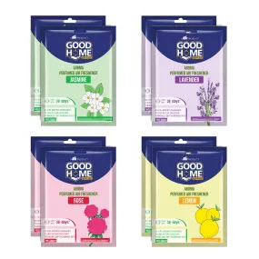 Good Home Aroma Perfumed Air Freshener Assorted Fragrance of Citrus, Rose, Jasmine, Lavender | For Bathroom, Car & Wardrobe | Lasts Up to 30 days (pack of 8)80Gg