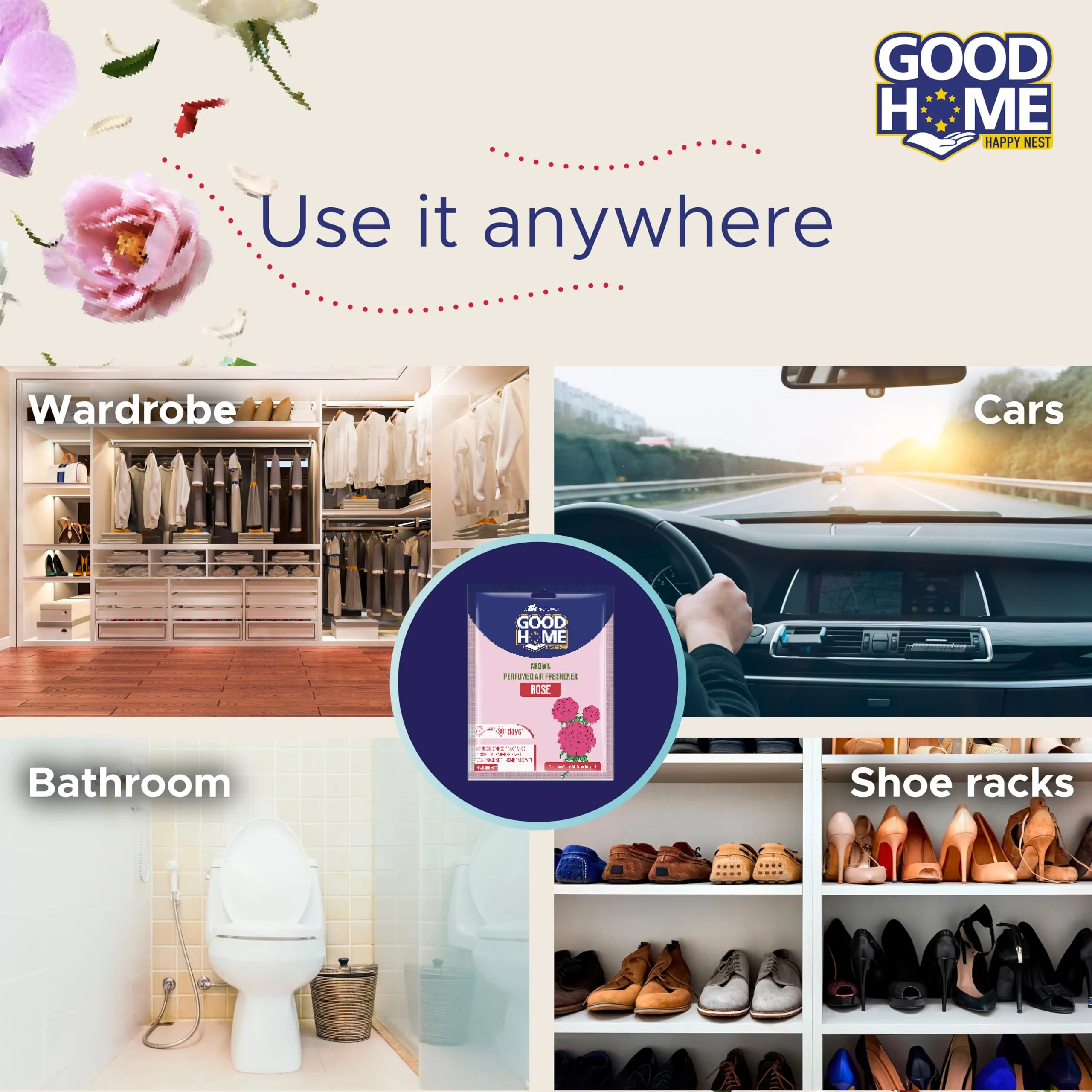 Good Home Aroma Perfumed Air Freshener Assorted Fragrance of Citrus, Rose, Jasmine, Lavender | For Bathroom, Car & Wardrobe | Lasts Up to 30 days (pack of 8)80Gg