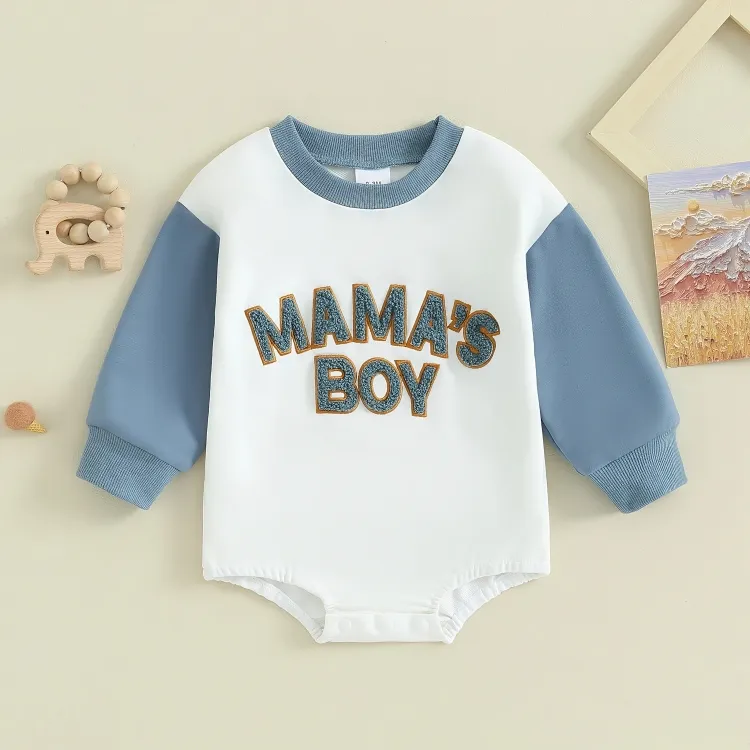 Long Sleeve "Mama's Boy" Embroidered Baby Bodysuit