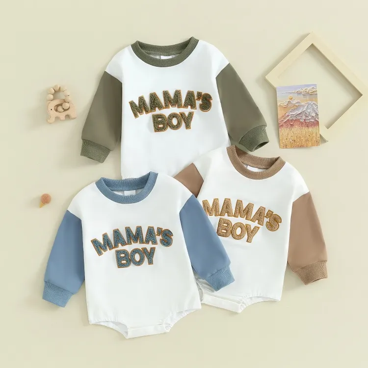 Long Sleeve "Mama's Boy" Embroidered Baby Bodysuit