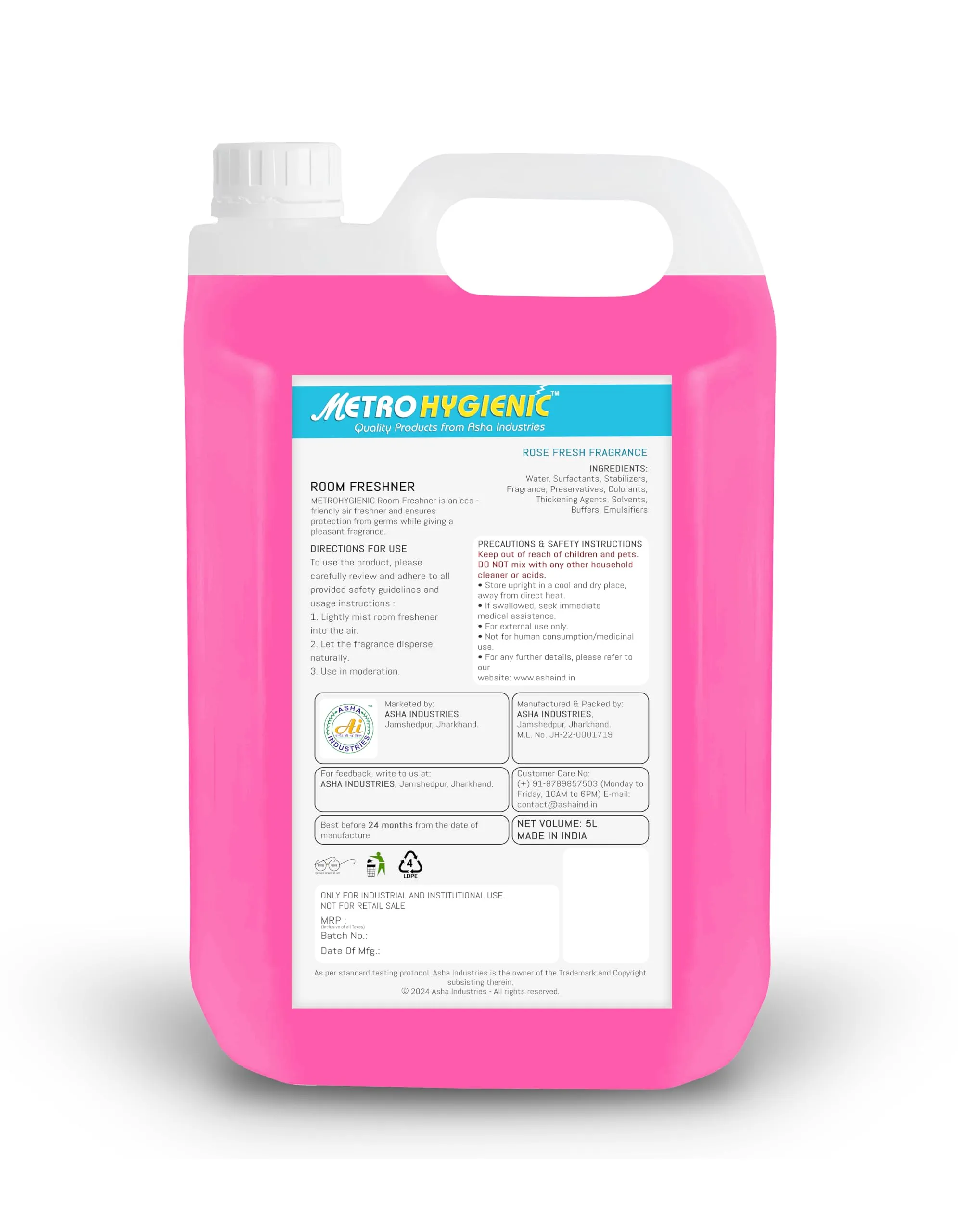 Metro Hygienic Room Freshener, 5L - Rose, Ready to Use, Water-Based - Long-Lasting Fragrance, Eliminates Odors, Suitable for Home, Hotel, Restaurant etc.