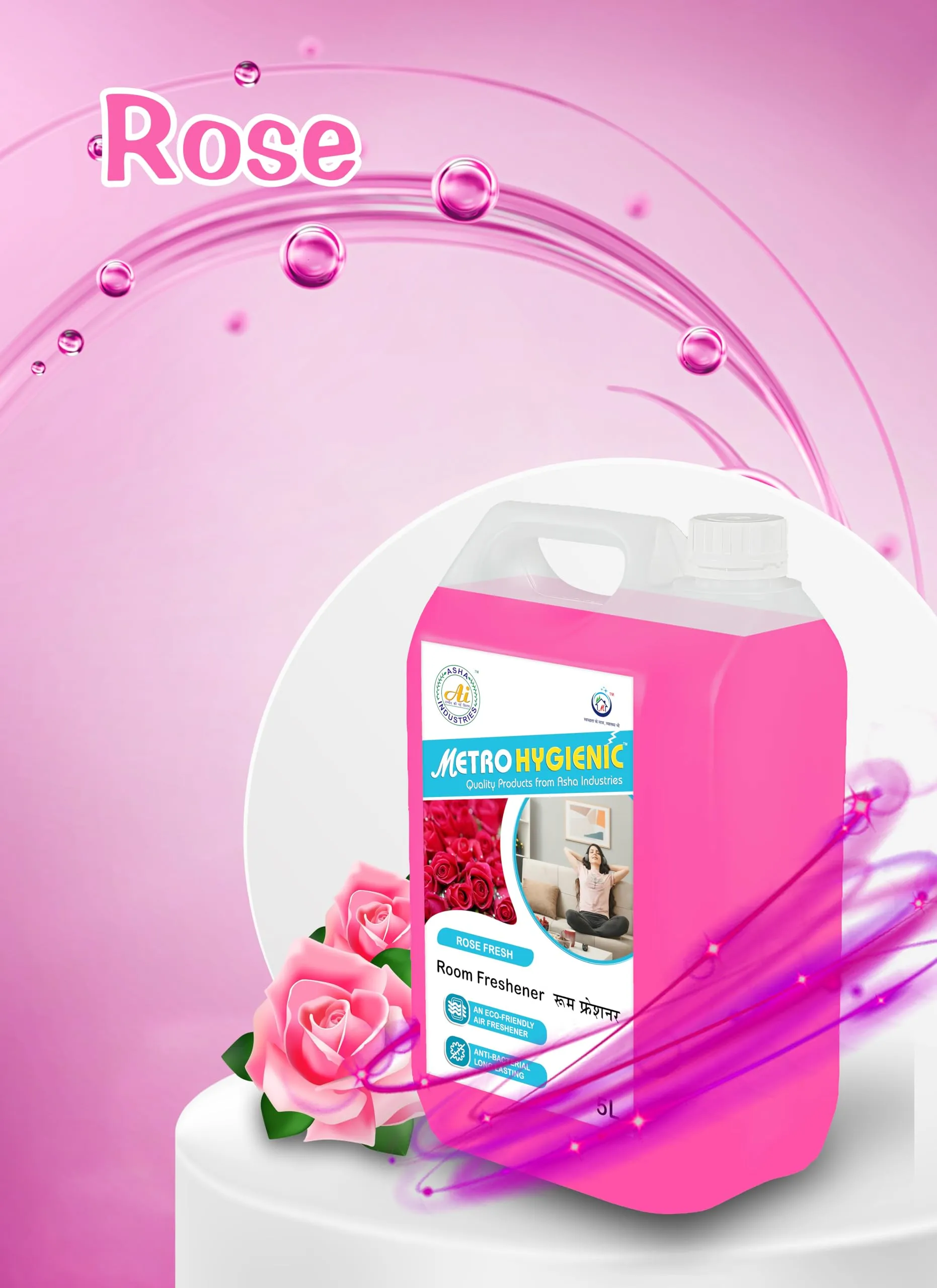 Metro Hygienic Room Freshener, 5L - Rose, Ready to Use, Water-Based - Long-Lasting Fragrance, Eliminates Odors, Suitable for Home, Hotel, Restaurant etc.