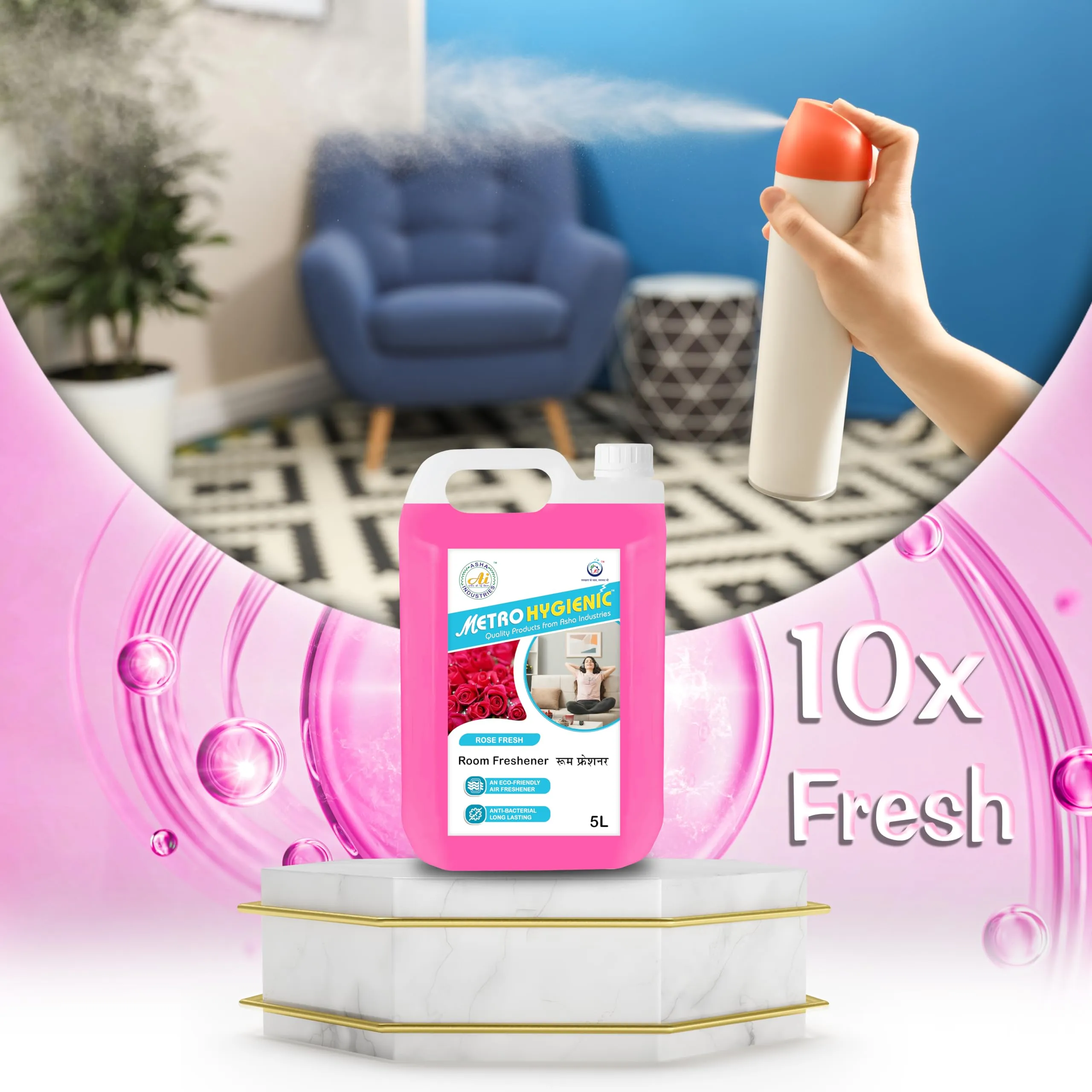 Metro Hygienic Room Freshener, 5L - Rose, Ready to Use, Water-Based - Long-Lasting Fragrance, Eliminates Odors, Suitable for Home, Hotel, Restaurant etc.