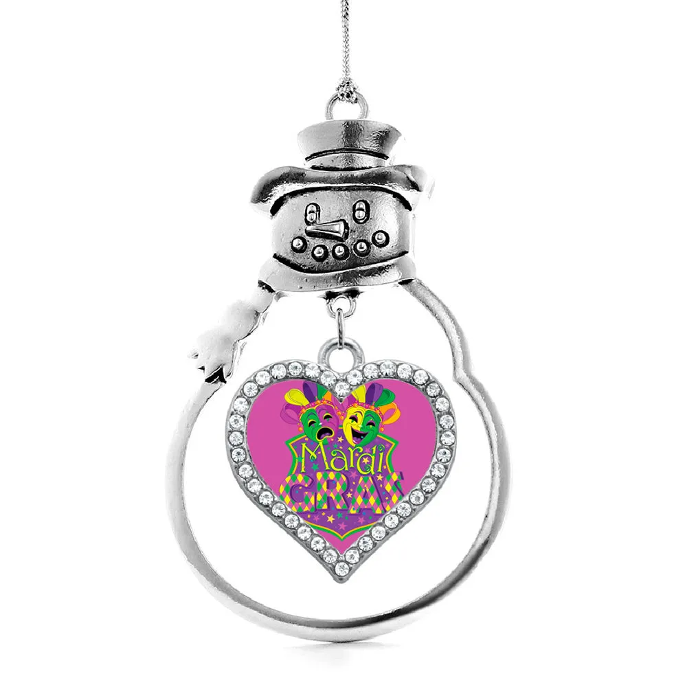 Silver Mardi Gras Masks Open Heart Charm Snowman Ornament