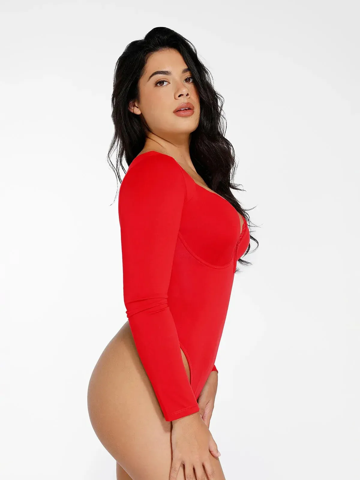 The Shapewear Bodysuit Long Sleeve V-Neck Lace Trim