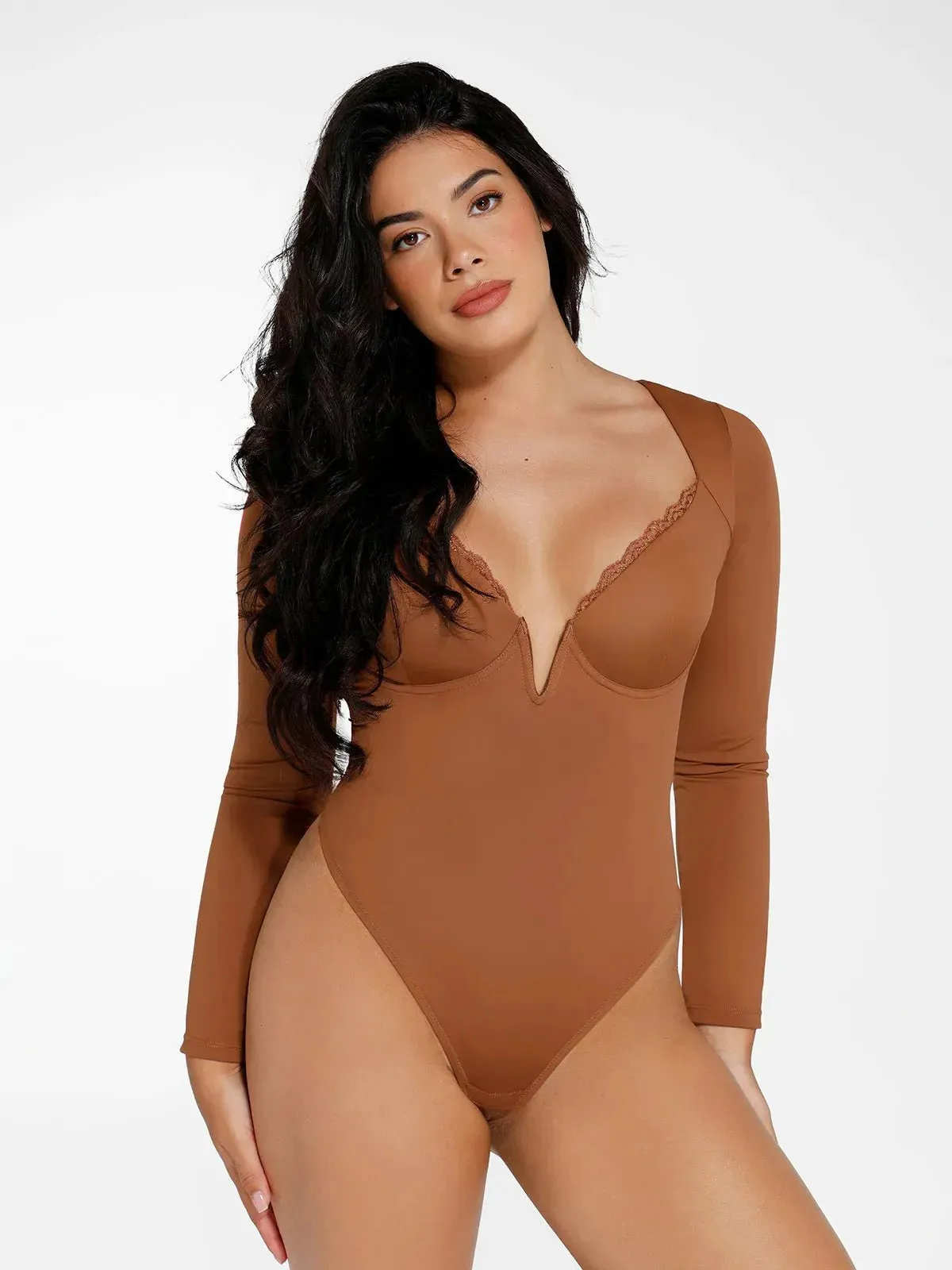 The Shapewear Bodysuit Long Sleeve V-Neck Lace Trim