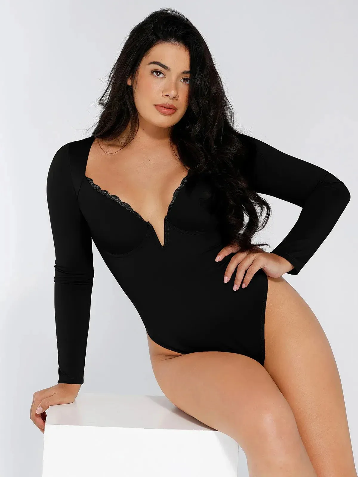 The Shapewear Bodysuit Long Sleeve V-Neck Lace Trim