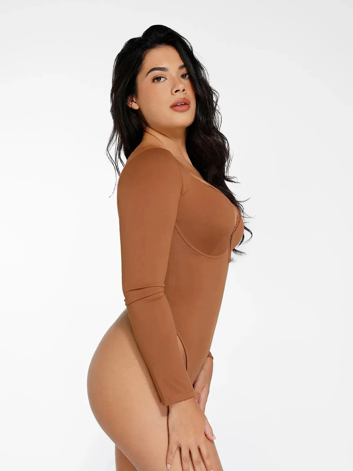 The Shapewear Bodysuit Long Sleeve V-Neck Lace Trim