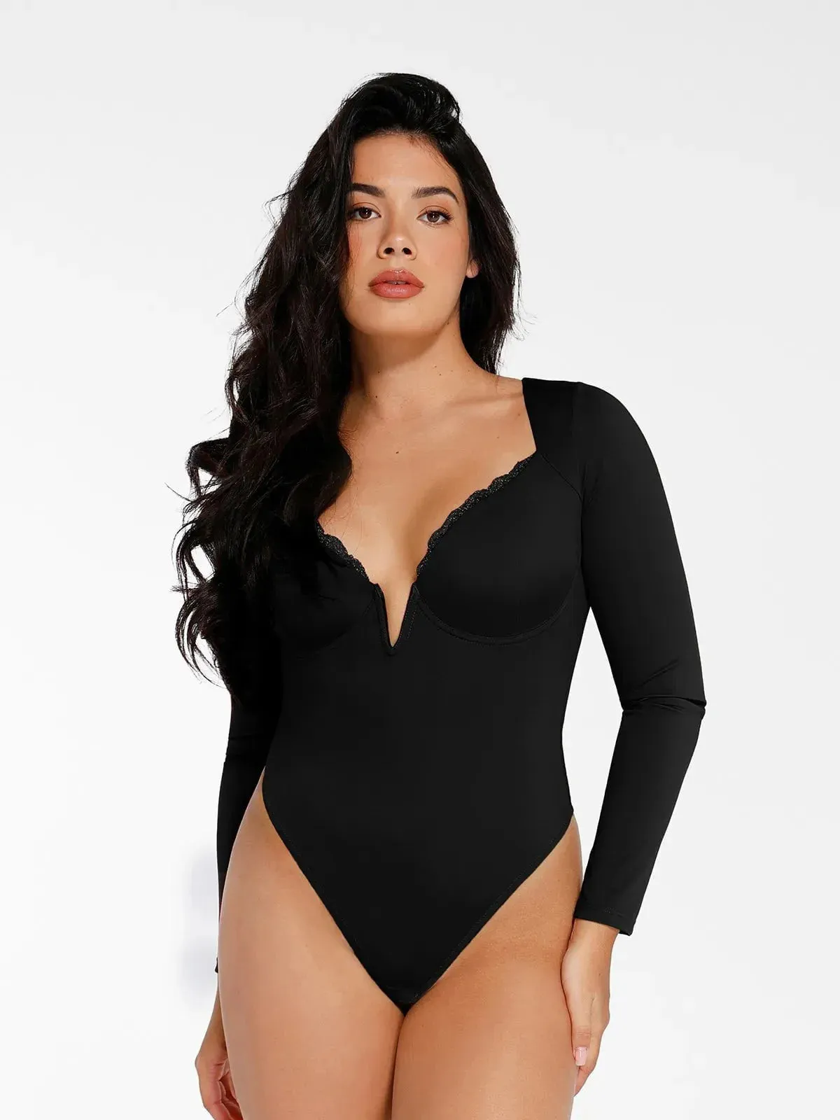 The Shapewear Bodysuit Long Sleeve V-Neck Lace Trim