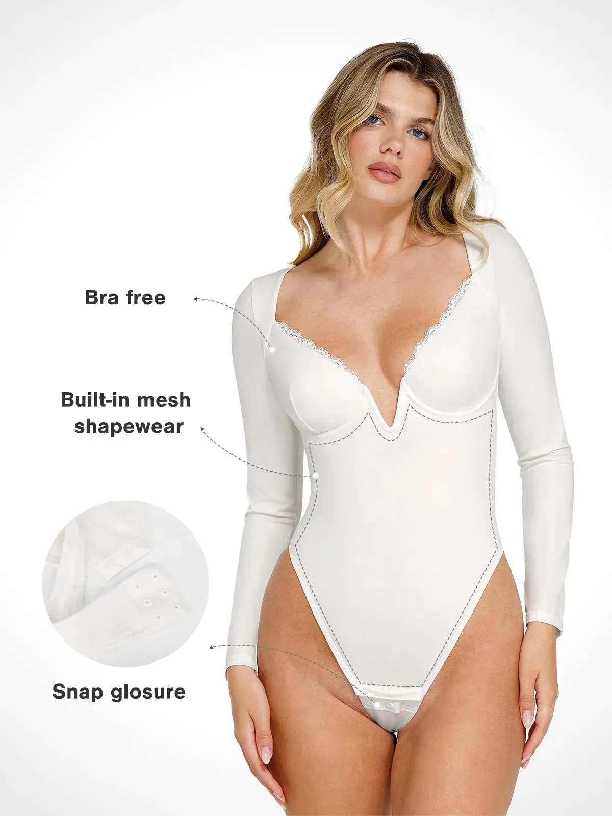 The Shapewear Bodysuit Long Sleeve V-Neck Lace Trim