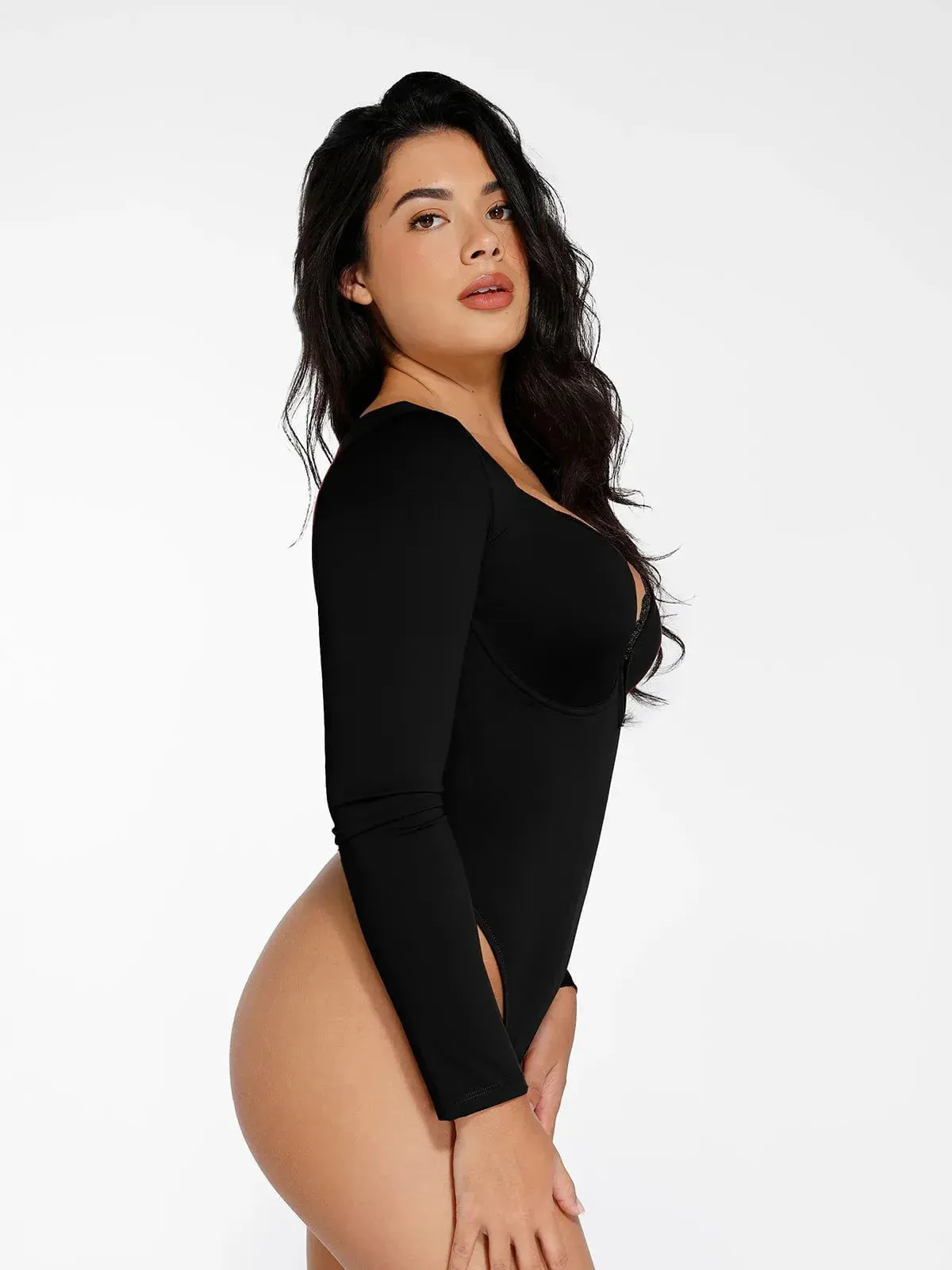 The Shapewear Bodysuit Long Sleeve V-Neck Lace Trim