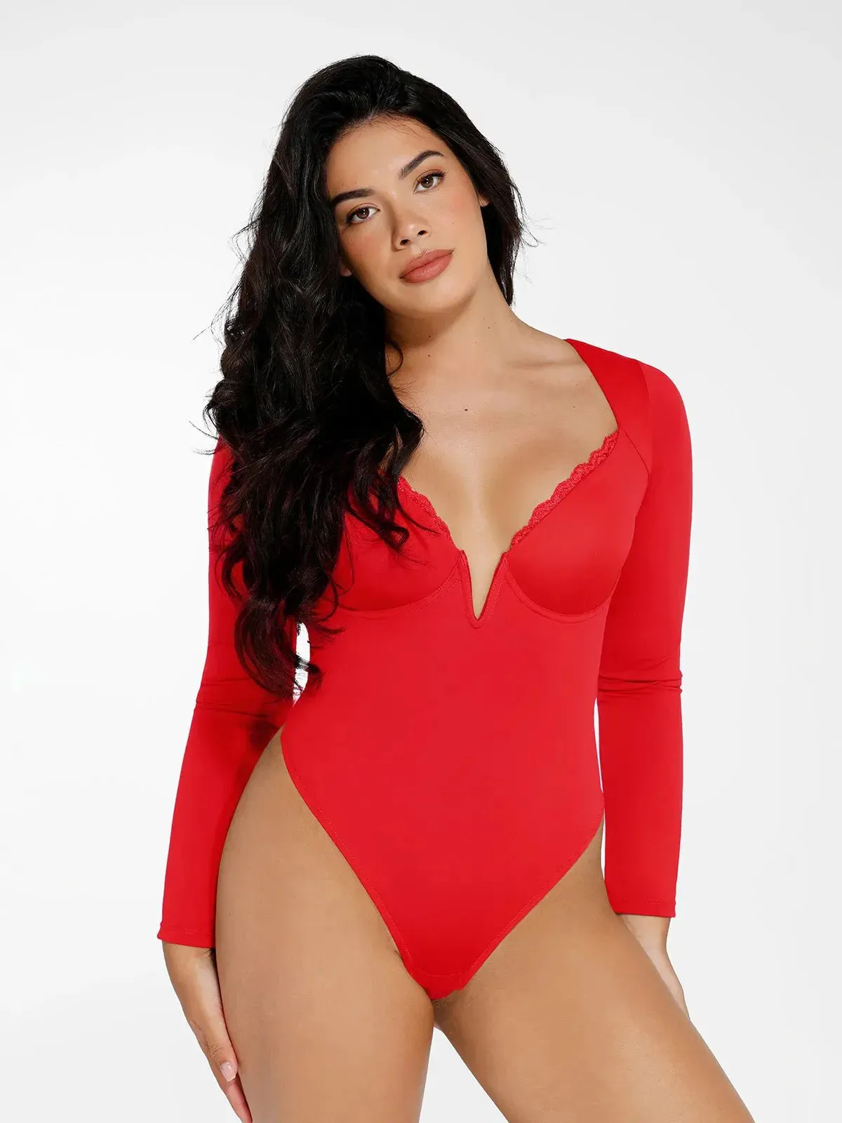 The Shapewear Bodysuit Long Sleeve V-Neck Lace Trim