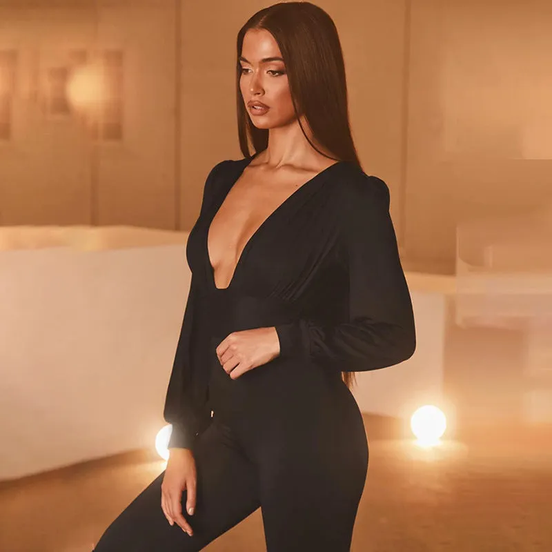 Women Sexy Club V Neck Long Sleeve Bodysuits