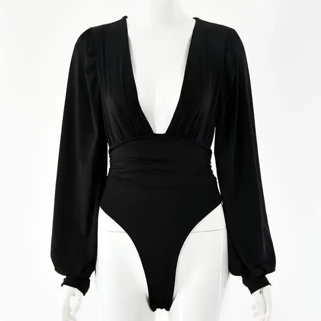 Women Sexy Club V Neck Long Sleeve Bodysuits